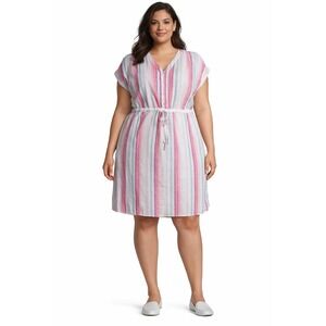 Time & Tru Linen Dress XL 16 18 Multicolor Stripe Pink Short Sleeve‎ V Neck